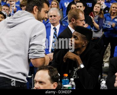 Feb. 20, 2013 - Lexington, KY, USA - Former UK star Josh Harrellson  chatted with injured  UK star Nerlens Noel as Kentucky defeated Vanderbilt 74-70 on Wednesday February 20, 2013 in Lexington, Ky. Photo by Mark Cornelison | Staff (Credit Image: © Lexington Herald-Leader/ZUMAPRESS.com) Stock Photo