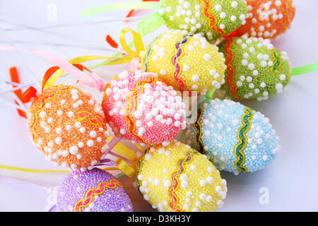 Easter colorful eggs on gray background. Stock Photo