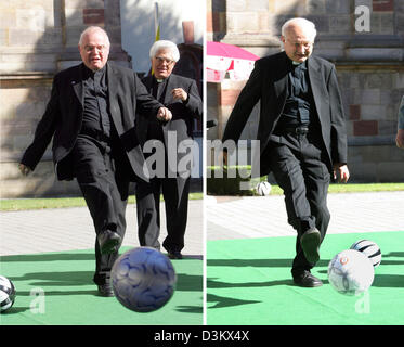(dpa) - A combined picture shows bishop of Trier Reinhard Marx (L) and Freiburg archbishop Robert Zollitsch shooting so-called 'fair play' footballs prior to the autumn plenary meeting of the German Bishop's Conference in Fulda, Germany, 19 September 2005. The Bishop's Conference votes a chairman on Tuesday 20 September 2005. It is unclear wether Cardinal Karl Lehmann is going to b Stock Photo