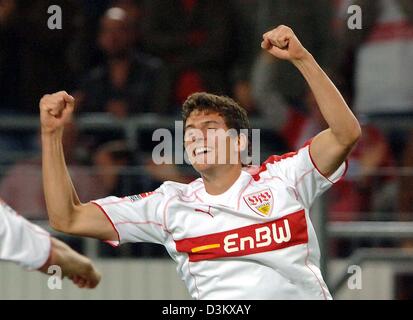 (dpa) - Stuttgart's player Mario Gomez cheers and celebrates after scoring the 1-1 euqlizer in the Bundesliga soccer match between VfB Stuttgart and Hamburger SV at the Gottlieb-Daimler soccer stadium in Stuttgart, Germany, Wednesday, 21 September 2005. Stuttgart lost the match 1-2. Photo: Bernd Weissbrod Stock Photo