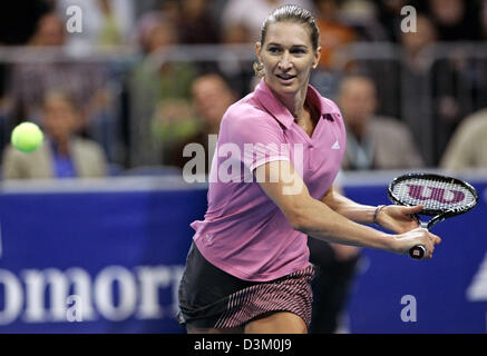 (dpa) - Former world class tennis pro German Steffi Graf hits a backhand during an exhibition match vs Argentinian Gabriela Sabatini at the SAP Arena in Mannheim, Germany, 15 October 2005. The former leader of the WTA world ranking list defeated her former rival 6-4; 6-2 in a highclass match. Graf and her longtime rival from Argentina faced each other 40 times on the WTA ProTour. 2 Stock Photo