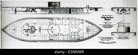 Undated photograph showing a diagram of the ironclad warship the USS Monitor. The Brooklyn-built Monitor made nautical history after being designed and assembled in 118 days, and then commissioned, Feb. 25, 1862. Monitor fought in the first battle between two ironclads during an engagement against the Confederate navy ironclad CSS Virginia in the Battle of Hampton Roads, March 9, 1862. the battle marked the first time iron-armored ships clashed in naval warfare and signaled the end of the era of wooden ships. Stock Photo