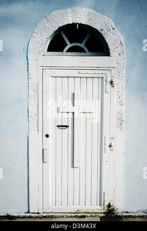 Detail of church door in small mountain town, southern Reunion Island, French overseas department in Indian Ocean Stock Photo