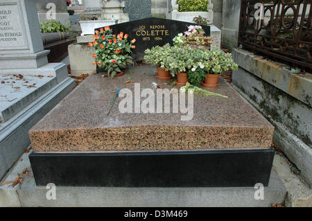 (dpa) - The photo shows the grave of French author Colette (aka Sidonie Gabrielle Colette) at the Pere Lachaise cemetery in Paris, France, 08 October 2005. Colette was born in Saint-Sauveur-en-Puisaye on 28 January 1873 and died in Paris on 03 August 1954. Photo: Helmut Heuse Stock Photo