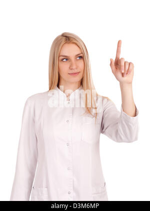 Young female doctor touchung virtual screen Stock Photo