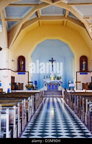 Inside church in mountain town of Cilaos caldera or cirque (altitude 1214m), on the French island of La Reunion, Indian Ocean. Stock Photo