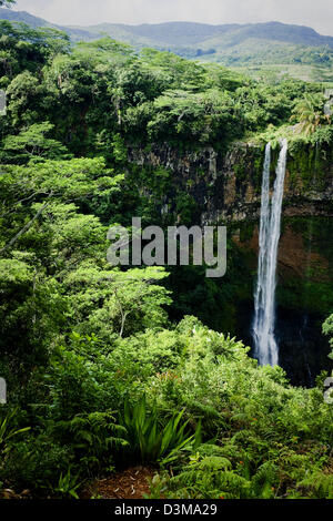 View of Chamarel Waterfalls, a popular destination on the tourist trail around in south-western Mauritius, Indian Ocean Stock Photo