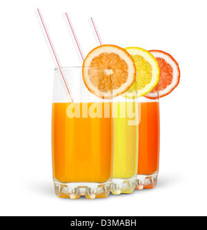 different juices with straw and slice isolated on white background Stock Photo