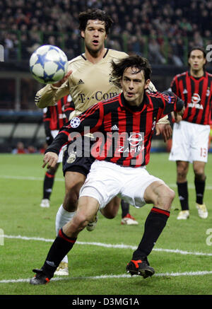 AC Milan's Filippo Inzaghi (front) and FC Bayern Munich's Michael Ballack fight for the ball during the UEFA Champions League round of last 16 clash at the Giuseppe-Meazza stadium in Milan, Italy, Wednesday, 08 March 2006. Deadlocked at 1-1 after the first leg, Inzaghi headed Milan ahead in the San Siro from Serginho's cross. Shevchenko missed a penalty but made up for it two minut Stock Photo