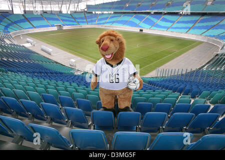 GOLEO VI, the official mascot of the 2006 FIFA Soccer World Cup stands between seating rows at the Zentralstadion in Leipzig, Germany, Thursday, 09 March 2006. Leipzig is one of the twelve venues hosting the upcoming soccer world cup in Germany. Photo: Waltraud Grubitzsch Stock Photo