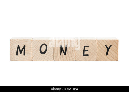 Money spelled out using wooden blocks. White background. Stock Photo