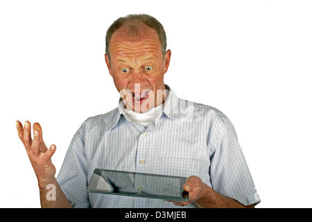 Happy man with his ipad tablet computer Stock Photo