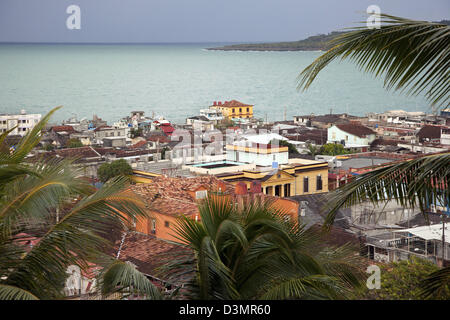 View over the city Baracoa and the Bay of Honey / Bahía de Miel, Guantánamo Province, Cuba, Caribbean Stock Photo