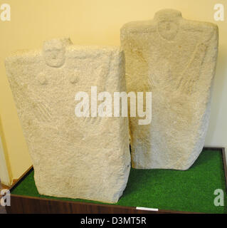 Anthropomorphic stone stelae or statue menhirs, located in Yamna secondary graves. Yamna Culture. Stock Photo