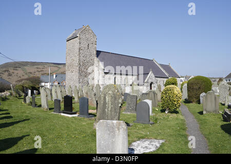 St Mary's church Rhossili, on the Gower Peninsula Wales UK Welsh rural village church, Headstones in churchyard grade II* listed building Stock Photo