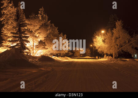 Winter scene at night in Marsden, Saskatchewan, Canada Stock Photo