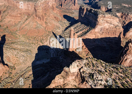 Spider Rock at Canyon de Chelly National Monument (helicopter view) near Chinle, Arizona (Navajo Nation), USA. Stock Photo
