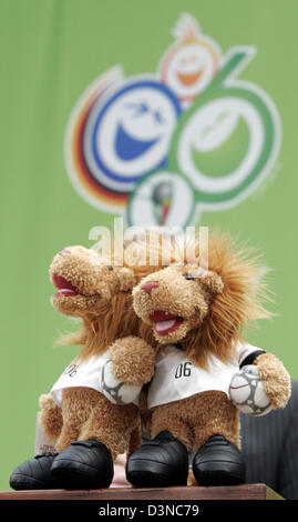 Goleo VI, the official mascot of the FIFA World Cup 2006, stands positioned in front of the world cup logo during the  'Kick-Off' event for volunteers helping out in the upcoming soccer World Cup in Dortmund, Germany, Saturday, 25 March 2006. More than 900 volunteers took part in the event which was organised to familiarise and train volunteers in preparation for the World Cup even Stock Photo