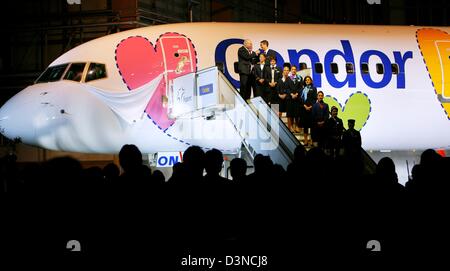 With a newly designed Boeing 757-300 Condor celebrates its 50th anniversary at Frankfurt airport, Germany, Wednesday, 29 March 2006. Within only a few years Condor became one of the most important German airlines. The airline was founded in 1955 amongst others by Lufthansa and Deutsche Bundesbahn (German Federal Railway) under the name Deutsche Flugdienst GmbH (German flight servic Stock Photo