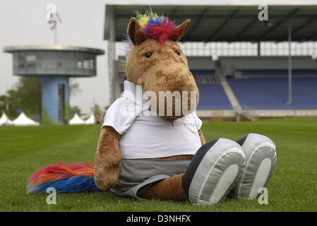 The official mascot to the World Equestrian Games Aachen 2006 'Karli' pictured on the lawn of the equestrian stadium in Aachen, Germany, 8 May 2006. In the background are the judges' tower (L) and a part of the stadium's tribune (R). While the whole world talks about the FIFA World Cup 2006 the fever for the EFI World Equestrian Games Aachen 2006 taking place from 20 August to 3 Se Stock Photo