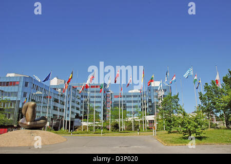 (dpa file) - The picture shows the national flags of all EU member countries flying high at the European Centre Parliamentary building on the Kirchberg Plateau in Luxembourg, Luxembourg, 2006. Photo: Romain Fellens Stock Photo