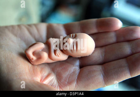 Tiny baby foetus doll held in palm of hand used by anti abortion campaigners