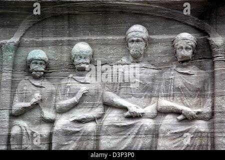 Carved Relief on the base of the Egyptian Obelisk, Istanbul, Turkey Stock Photo