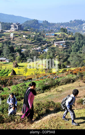 schoolchildren going to school Nagarkot Nepal Stock Photo