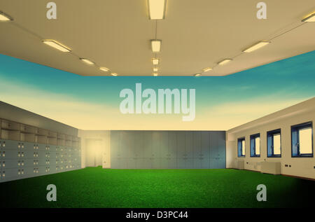 Surreal empty office with grass carpet Stock Photo
