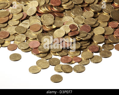 Small change, pile of lots of Euro coins on white background. Mainly 20 and 5 Eurocent coins. Stock Photo