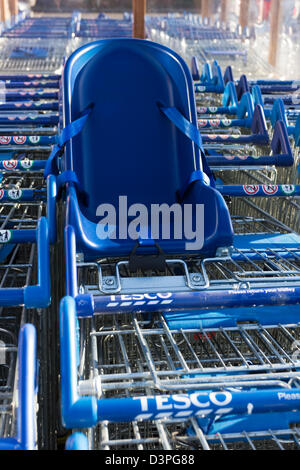 Tesco's shopping trolleys, one with baby seat attached. Montrose Scotland Stock Photo