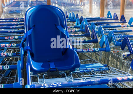 Tesco's shopping trolleys, one with baby seat attached. Montrose Scotland Stock Photo