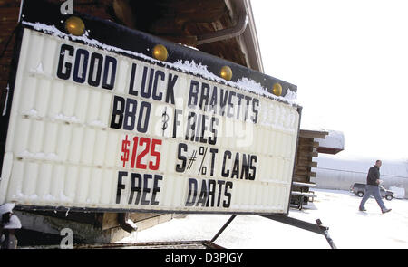 Feb. 20, 2013 - Annawan, Iowa, U.S. - A customer walks to the parking lot of Blackburns Roadhouse in Annawan, Wednesday, February 20, 2013, as the marque wishes the Annawan girls basketball team luck at this weekends state tournament in Bloomington. (Credit Image: © John Schultz/Quad-City Times/ZUMAPRESS.com) Stock Photo