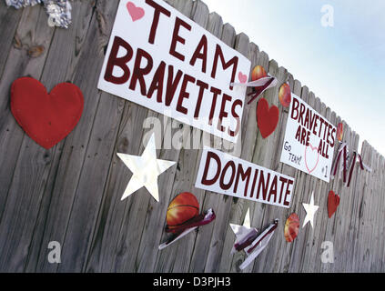 Feb. 20, 2013 - Annawan, Iowa, U.S. - Supportive signs for the Annawan girls basketball team cover a fence Wednesday, Feb. 20, 2013, at the major intersection in town. The team plays in the semifinals on Friday in Bloomington. (Credit Image: © John Schultz/Quad-City Times/ZUMAPRESS.com) Stock Photo