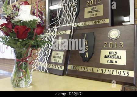 Feb. 20, 2013 - Annawan, Iowa, U.S. - The trophies showing the journey of the Annawan girls basketball team sit on a table outside the office at the school, Wednesday, Feb. 20, 2013, as they ready for Friday's semifinal game on Friday in Bloomington. (Credit Image: © John Schultz/Quad-City Times/ZUMAPRESS.com) Stock Photo