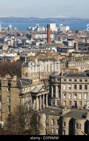 Looking towards Leith and the Firth of Forth from Calton Hill, Edinburgh, Scotland. Stock Photo