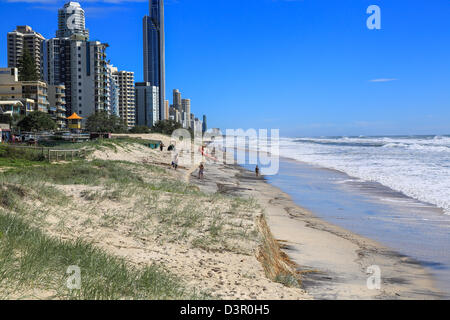 Beach erosion after storm activity Gold Coast Australia, pristine sandy beaches left with dangerous scarping and dark sands Stock Photo