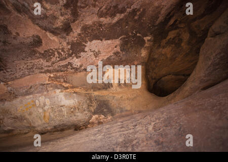 Close-up of a cave painting of animals, Bhimbetka Rock Shelters, Raisen District, Madhya Pradesh, India Stock Photo