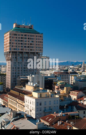 Velasca Tower in Milan with Skyline and Alps at horizon Stock Photo