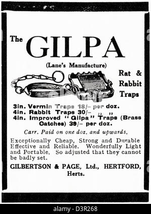 Original 1920s vintage print advertisement from English country gentleman's newspaper advertising The Gilpa gin trap for rabbit & other vermin by Gilbertson & Page of Hertford Stock Photo