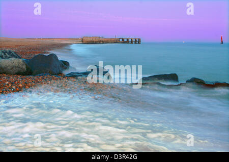 A low light view at Rye beach in East Sussex, England. Stock Photo