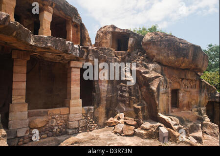 Entrance of an ancient cave, Udayagiri and Khandagiri Caves, Bhubaneswar, Orissa, India Stock Photo