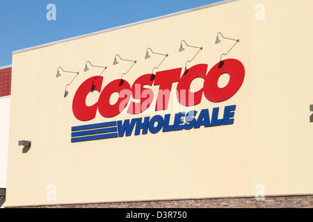 A Costco wholesale shopping club sign on a store in Tustin  California Stock Photo
