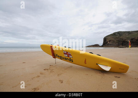 Lifeguard board on Plemont Beach, Jersey Stock Photo