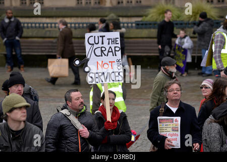 Manchester, UK. 23rd February 2013. Protesters at the Manchester Coalition Against Cuts.  The protesters gather outside the Town Hall after marching through the city centre to the Town Hall to listen to speakers call for a general strike against the government cuts. Manchester, UK 23-02-2013 Credit:  John Fryer / Alamy Live News Stock Photo