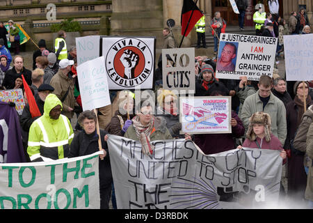 Manchester, UK. 23rd February 2013. The protesters gather outside the Town Hall after marching through the city centre to the Town Hall to listen to speakers call for a general strike against the government cuts. Manchester, UK 23-02-2013 Credit:  John Fryer / Alamy Live News Stock Photo