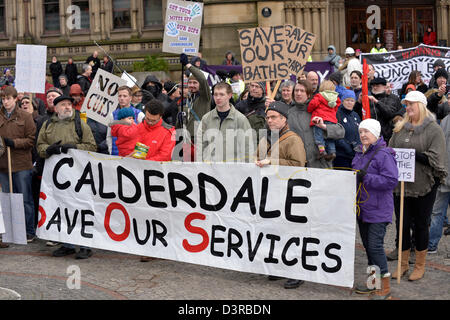 Manchester, UK. 23rd February 2013. The protesters gather outside the Town Hall after marching through the city centre to the Town Hall to listen to speakers call for a general strike against the government cuts. Manchester, UK 23-02-2013 Credit:  John Fryer / Alamy Live News Stock Photo