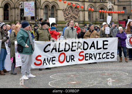 Manchester, UK. 23rd February 2013. Protesters gather outside the Town Hall after marching through the city centre to the Town Hall to listen to speakers call for a general strike against the government cuts. Earlier the protesters had marched through the city centre to publicise their cause.  Manchester, UK 23-02-2013 Credit:  John Fryer / Alamy Live News Stock Photo