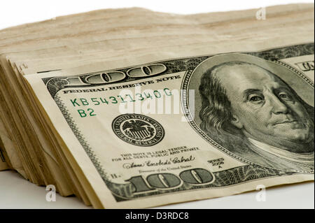 closeup view of stack of US $100 bills money Stock Photo