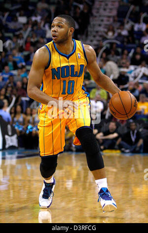 New Orleans, USA. 22nd February 2013.  New Orleans Hornets shooting guard Eric Gordon (10) drives with the ball during the NBA basketball game between the New Orleans Hornets and the Dallas Mavericks at the New Orleans Arena in New Orleans, LA Credit:  Cal Sport Media / Alamy Live News Stock Photo